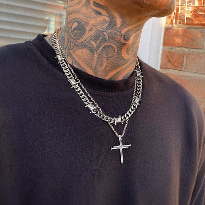 Barbed Wire Cuban Chain & Nail Cross Layered Necklaces Set for