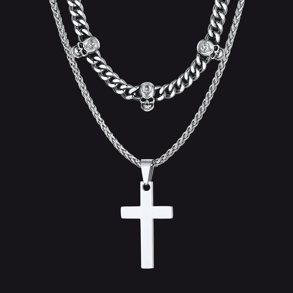 Gothic Skull Cuban Chain & Cross Layered Pendant Set for