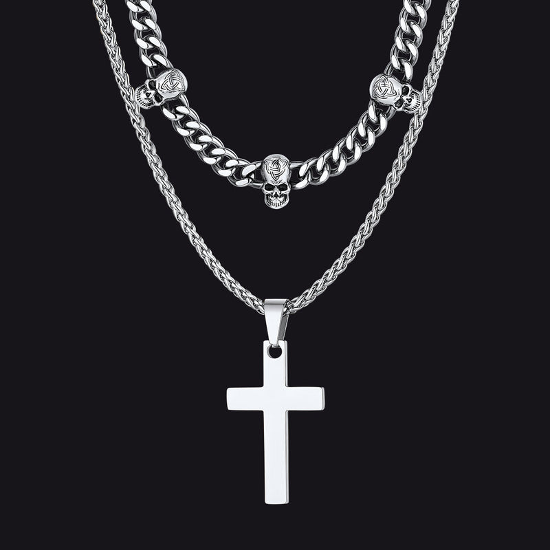 Gothic Skull Cuban Chain & Cross Layered Pendant Set for