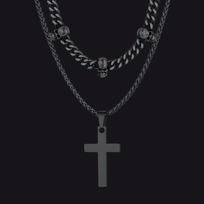 Gothic Skull Cuban Chain & Cross Layered Pendant Set for