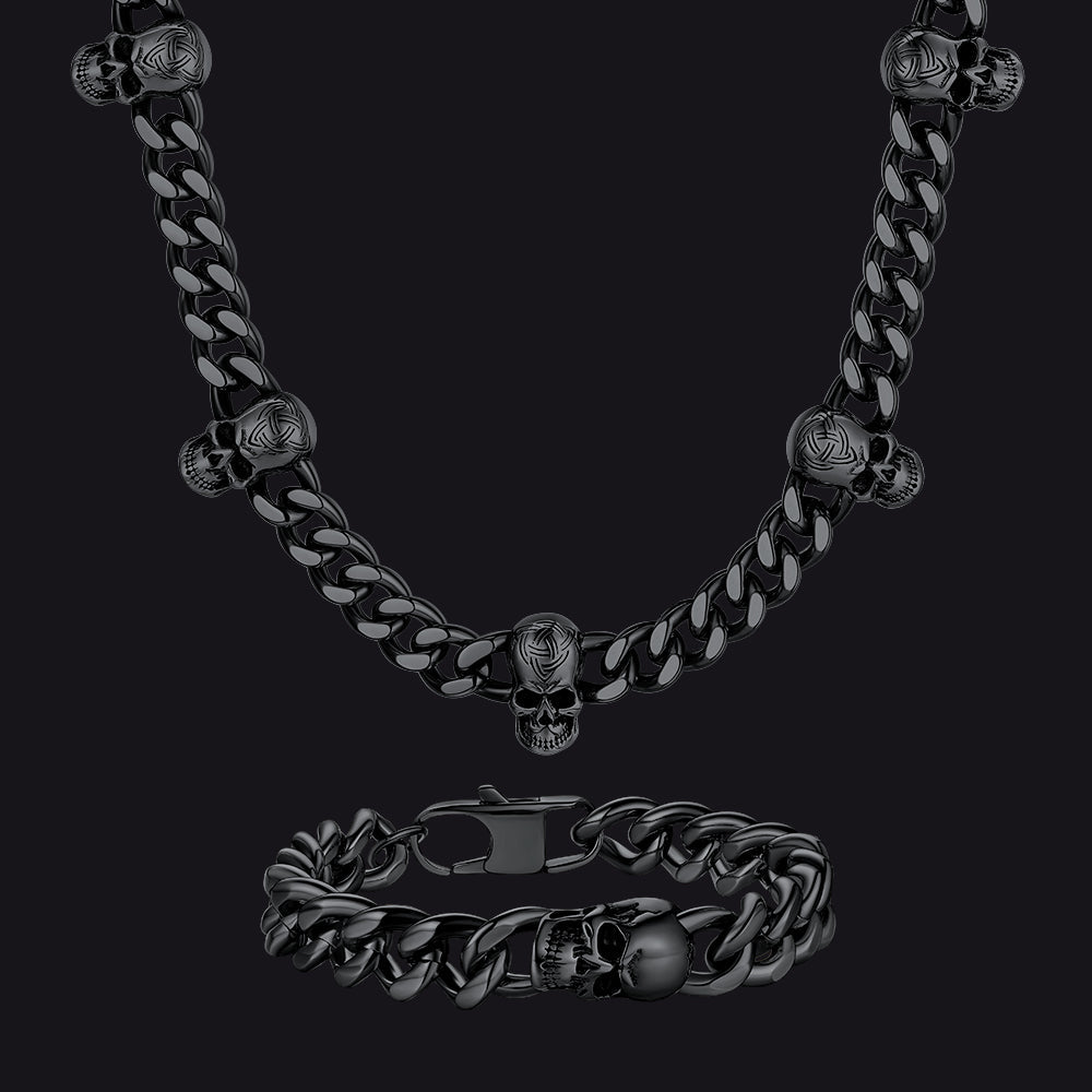 Gothic Skull Cuban Link Choker Chain & Bracelet Jewelry Set for