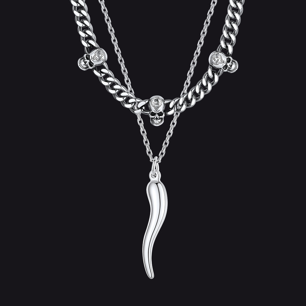 Gothic Skull Cuban Chain & Cornicello Italian Horn Layered Pendant Set for