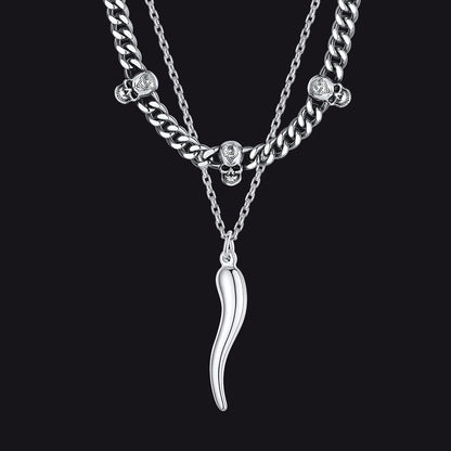 Gothic Skull Cuban Chain & Cornicello Italian Horn Layered Pendant Set for