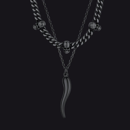 Gothic Skull Cuban Chain & Cornicello Italian Horn Layered Pendant Set for