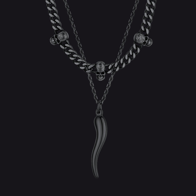 Gothic Skull Cuban Chain & Cornicello Italian Horn Layered Pendant Set for
