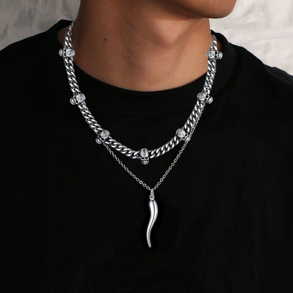 Gothic Skull Cuban Chain & Cornicello Italian Horn Layered Pendant Set for