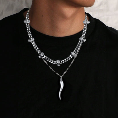 Gothic Skull Cuban Chain & Cornicello Italian Horn Layered Pendant Set for