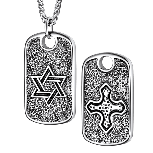 Hebrew Jewish Star of David Dog Tag Necklace With Knight Cross