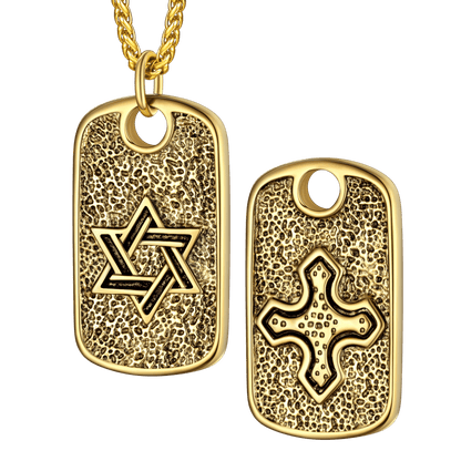 Hebrew Jewish Star of David Dog Tag Necklace With Knight Cross