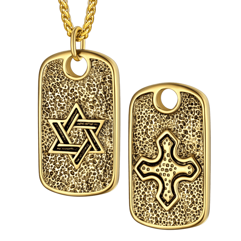 Hebrew Jewish Star of David Dog Tag Necklace With Knight Cross