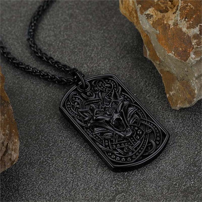 Engraved Viking Celtic Wolf Dog Tag Necklace for