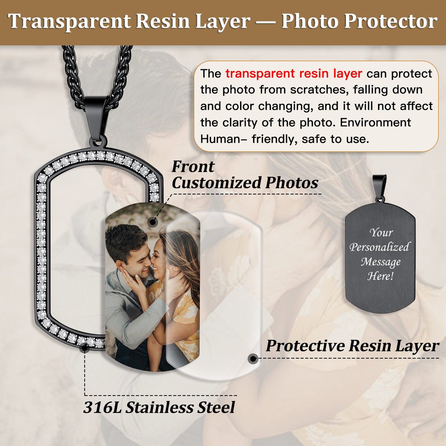 Customized Picture Dog Tag Necklace With Cubic Zirconia Memorial Gift for