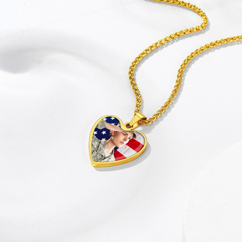 Customized Heart American Flag Necklace With Picture for
