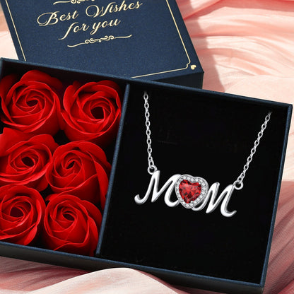 Sterling Silver Heart Birthstone Mom Necklace for