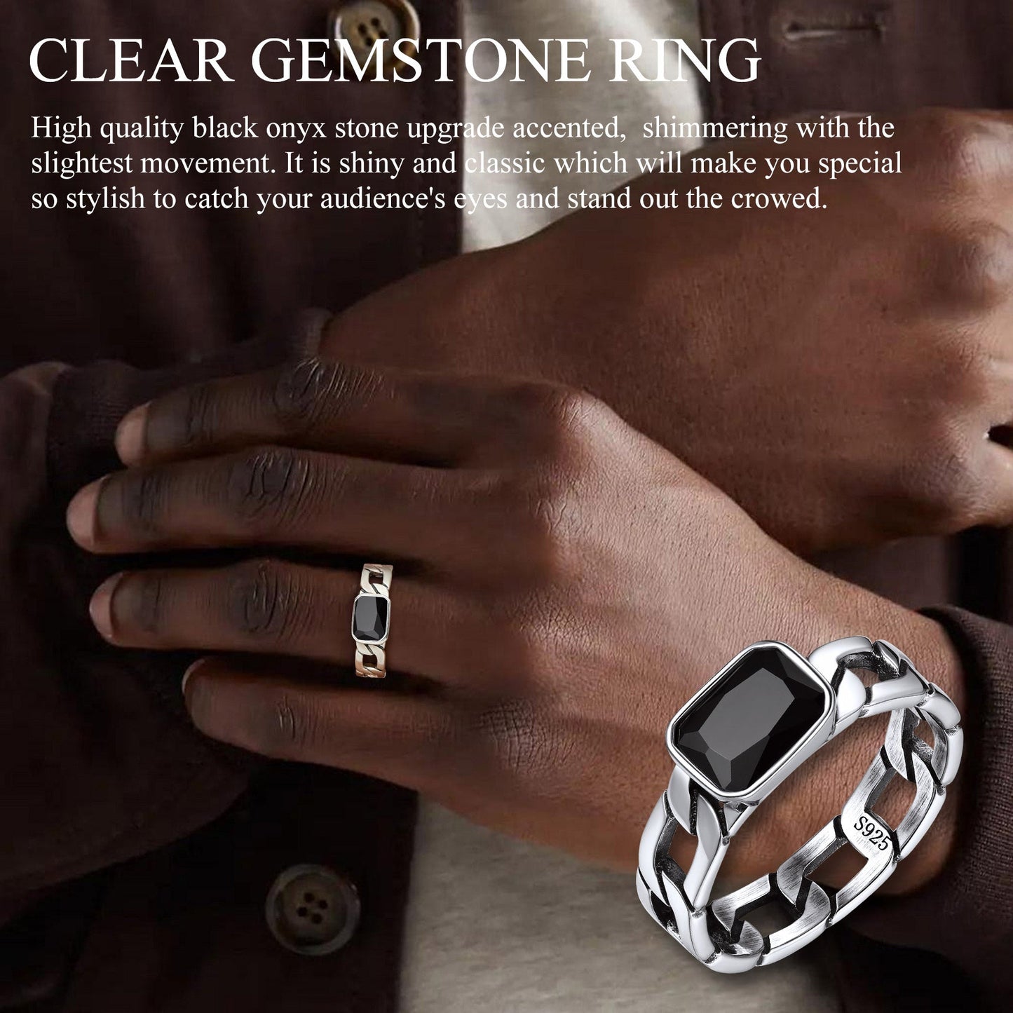 S925 Silver Cuban Link Chain Band Ring With Cubic Zirconia