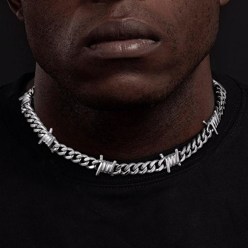 Barbed Wire Cuban Link Chain Choker Necklace for