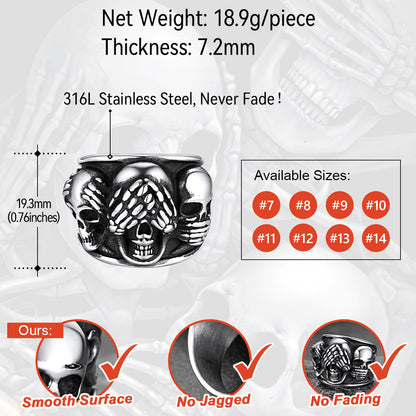 Gothic Punk Biker Skull Ring See No Evil Stainless Steel