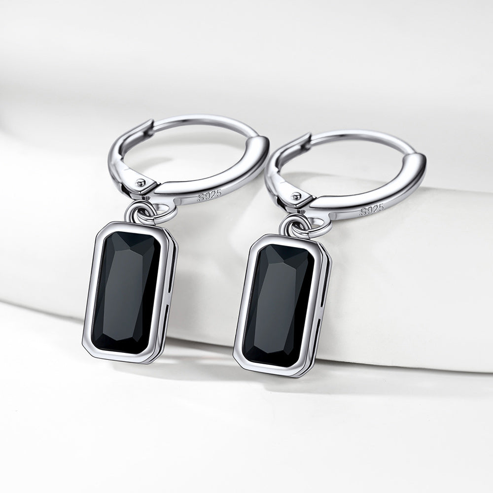 Silver Square Birthstone Dangle Hoop Earrings for
