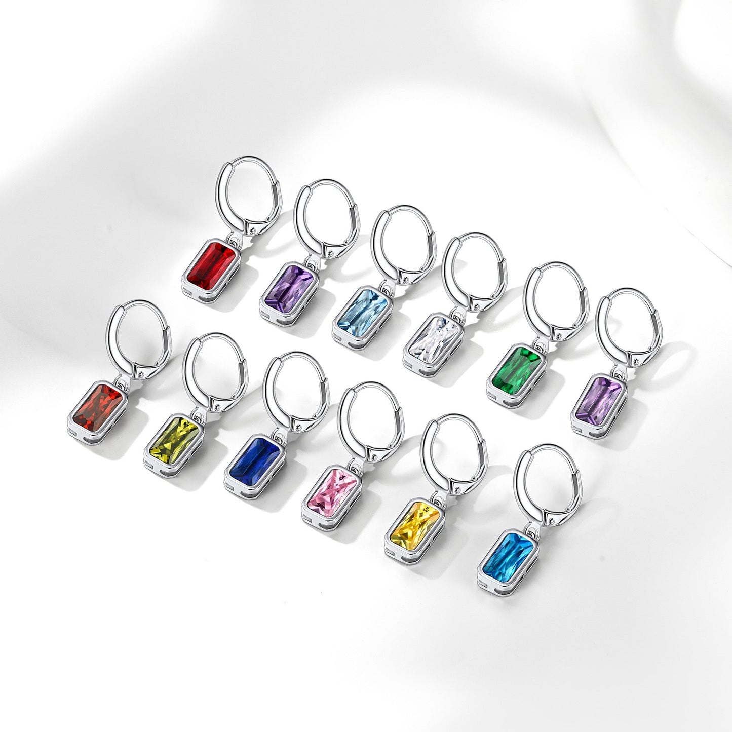 Silver Square Birthstone Dangle Hoop Earrings for