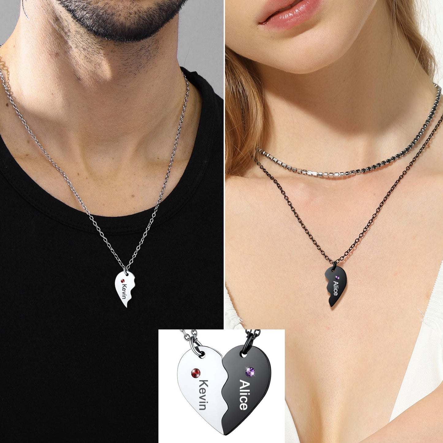 Custom Heart Matching Necklaces With Birthstone for Couple Best Friends