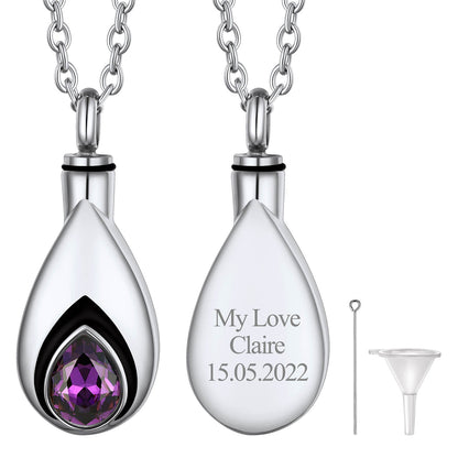 Custom Cremation Tear Drop Birthstone Urn Ashes Necklace for