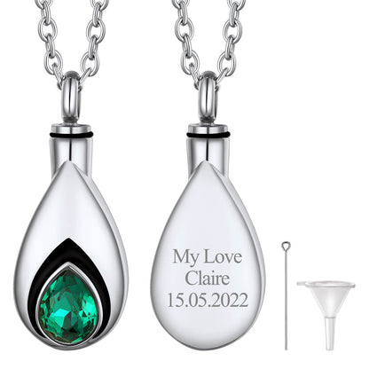 Custom Cremation Tear Drop Birthstone Urn Ashes Necklace for