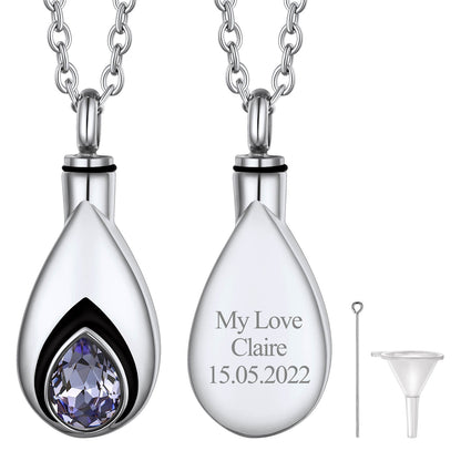 Custom Cremation Tear Drop Birthstone Urn Ashes Necklace for