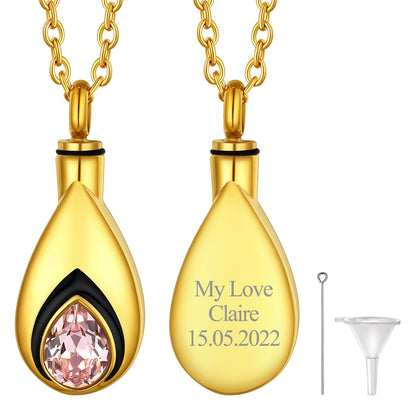 Custom Cremation Tear Drop Birthstone Urn Ashes Necklace for