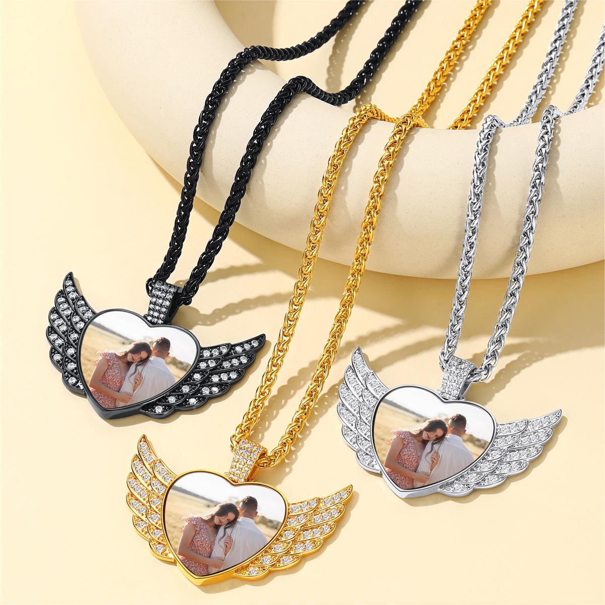 Personalized Picture Angel Wings Heart Necklace for With Cz, Memorial Jewelry