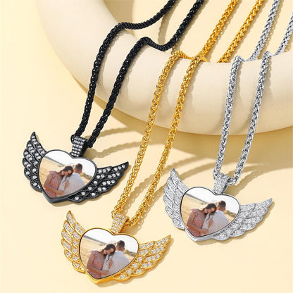 Personalized Picture Angel Wings Heart Necklace for With Cz, Memorial Jewelry