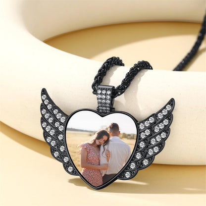 Personalized Picture Angel Wings Heart Necklace for With Cz, Memorial Jewelry