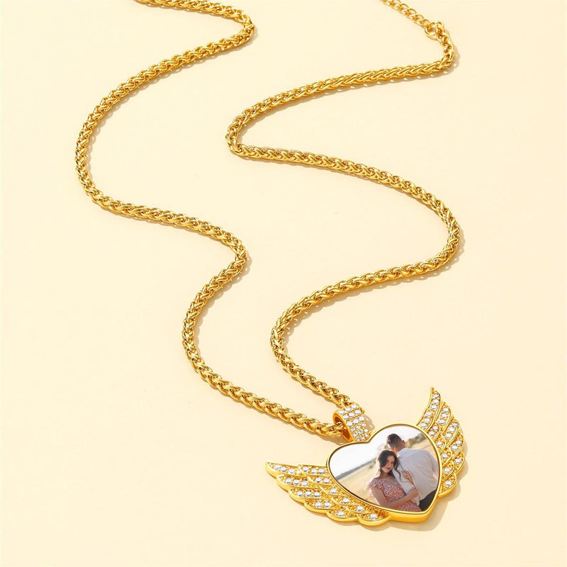 Personalized Picture Angel Wings Heart Necklace for With Cz, Memorial Jewelry