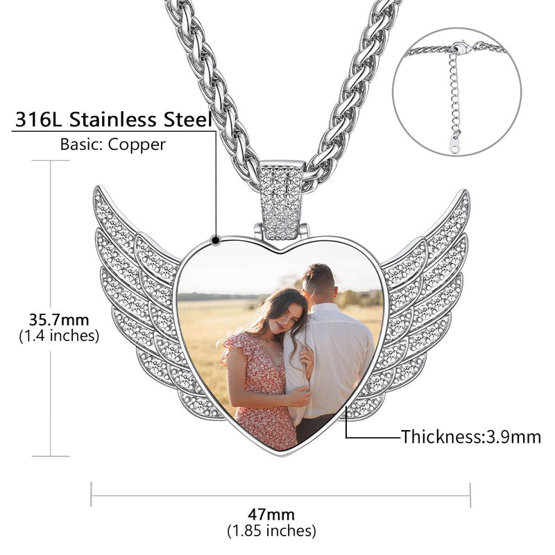 Personalized Picture Angel Wings Heart Necklace for With Cz, Memorial Jewelry