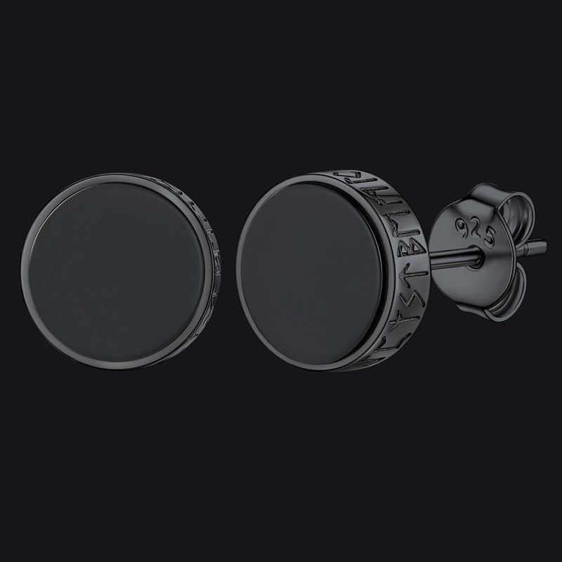 Sterling Silver Viking Runes Black Onyx Stud Earrings for