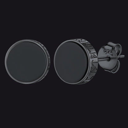 Black Onyx Stud Earrings With Viking Runes in Sterling Silver