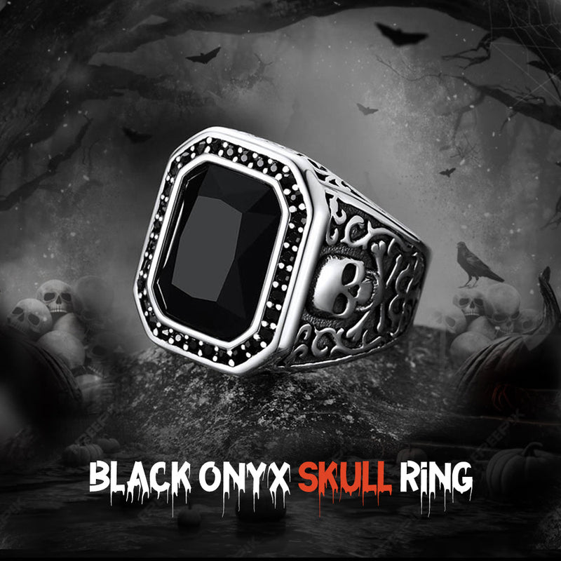 Gothic Skull Black Onyx Stone Signet Ring for