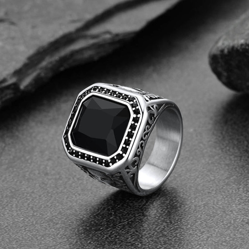 Gothic Skull Black Onyx Stone Signet Ring for
