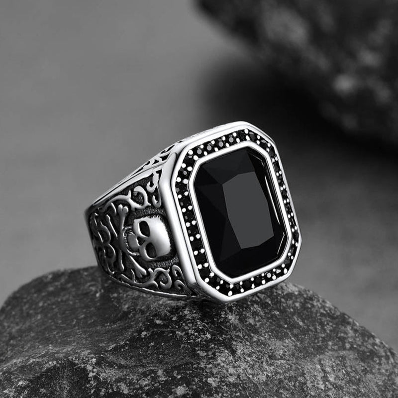 Gothic Skull Black Onyx Stone Signet Ring for
