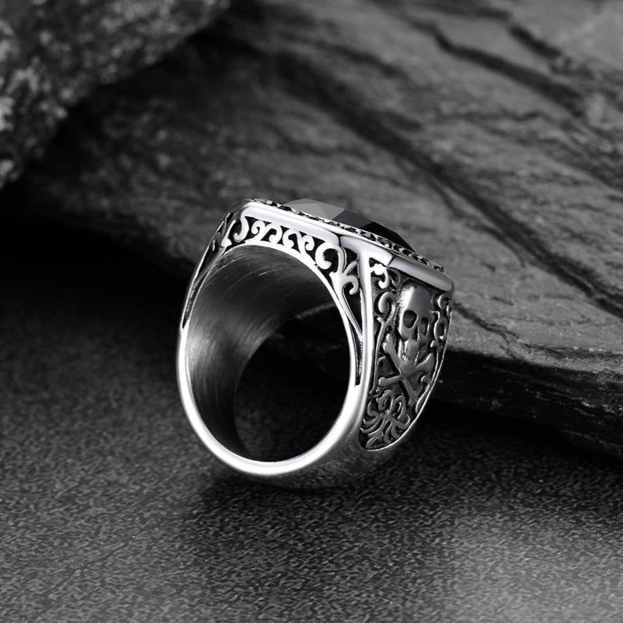 Gothic Skull Black Onyx Stone Signet Ring for