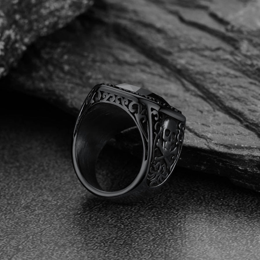 Gothic Skull Black Onyx Stone Signet Ring for