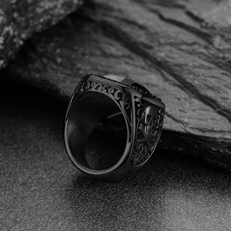 Gothic Skull Black Onyx Stone Signet Ring for