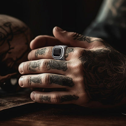 Gothic Skull Black Onyx Stone Signet Ring for