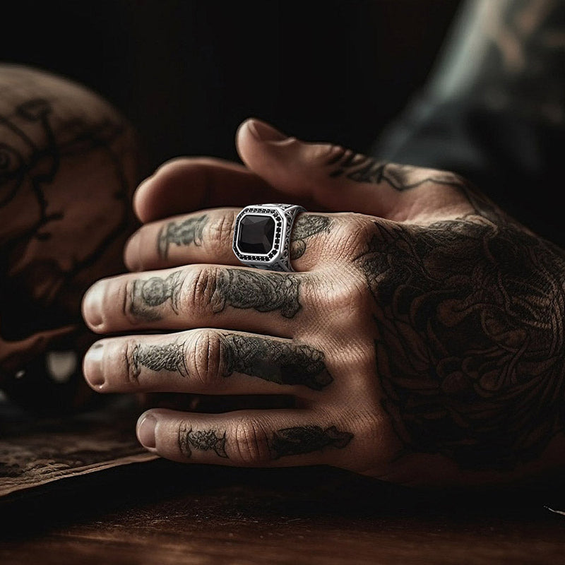 Gothic Skull Black Onyx Stone Signet Ring for