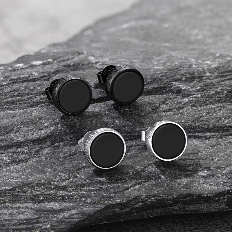 Sterling Silver Viking Runes Black Onyx Stud Earrings for