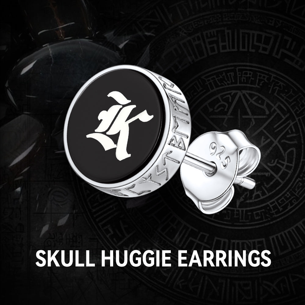 Engraved Black Onyx Stud Earrings With Viking Rune