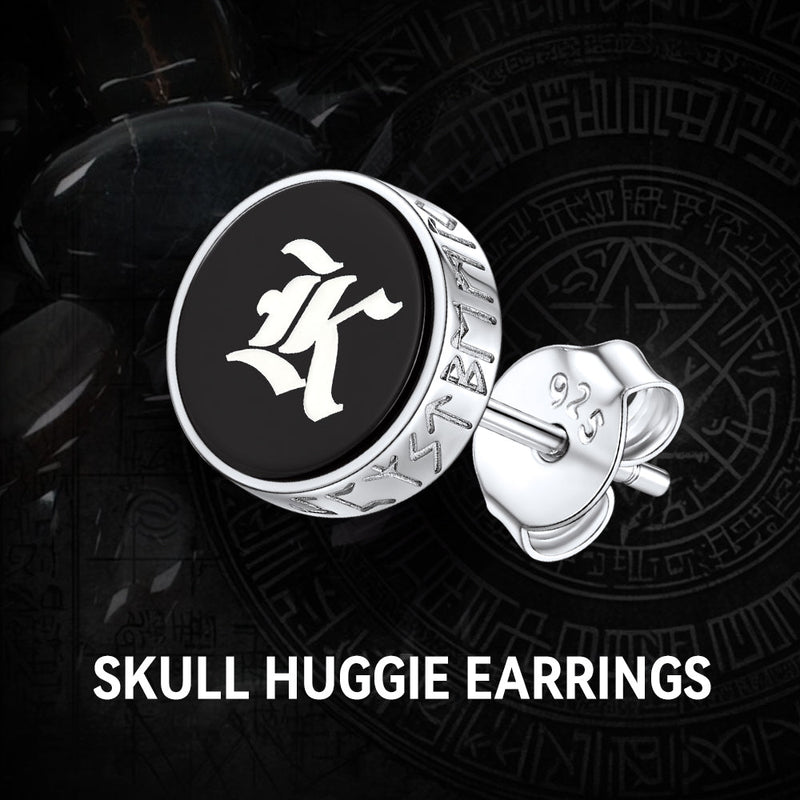 Engraved Black Onyx Stud Earrings With Viking Rune