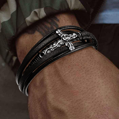 Christian Black Rose Cross Braided Leather Bracelet Gift for
