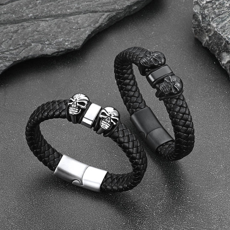 Personalized Name Beads Leather Bracelet With Skull for