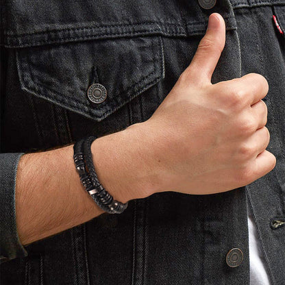 Engraved Black Braided Leather Bracelet Cuff Gift for