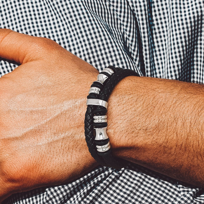 Engraved Black Braided Leather Bracelet Cuff Gift for